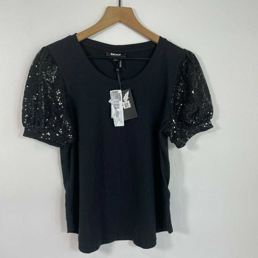 DKNY Black Cotton Shiny Sequin Puff Sleeve Top‎ S